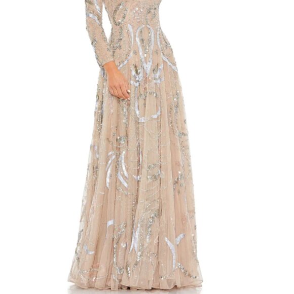 MAC DUGGAL 5217 LONG SLEEVE EMBELLISHED ILLUSIONS NECK NUDE GOWN sz 8 - Picture 2 of 5